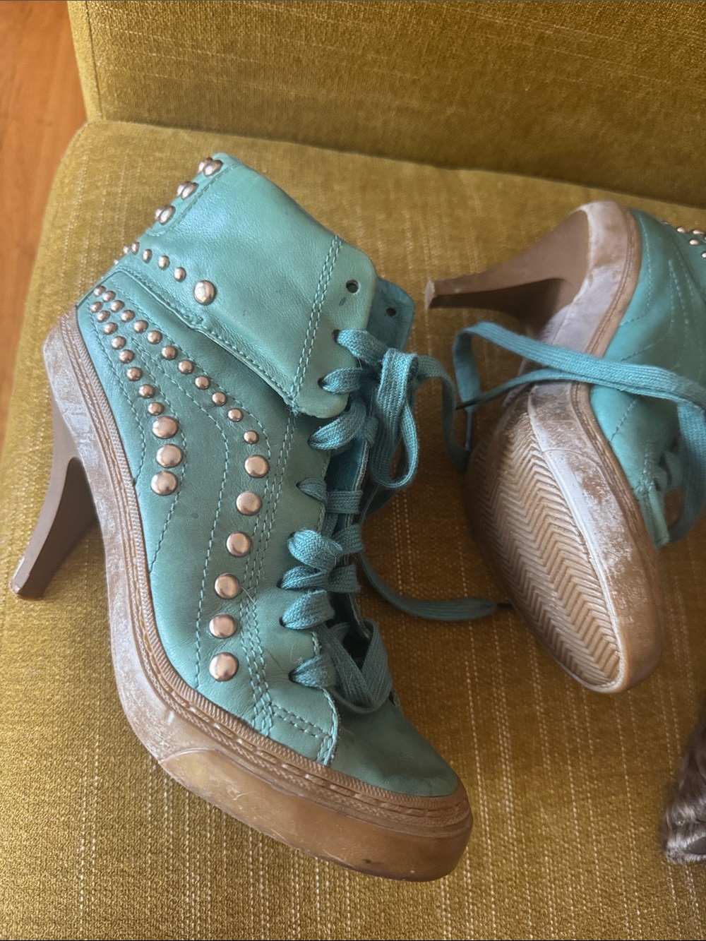 Ash Teal Lace-Up Studded High-Top Heels